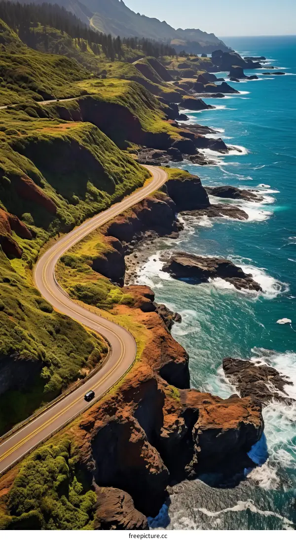 A road winds along the coast of a rugged island