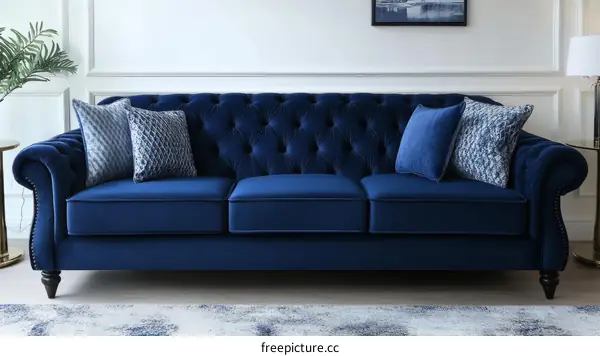 Classic Navy Blue Chesterfield Sofa with Decorative Pillows