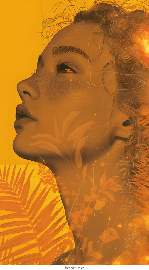 Close-up portrait of a young woman with freckles and brown hair, with a double exposure of a leaf