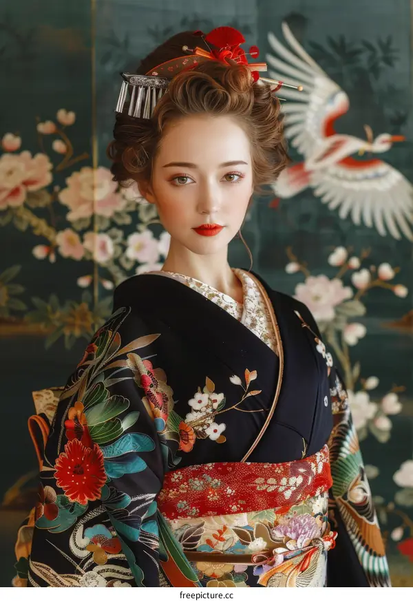 Portrait of a young woman in a kimono