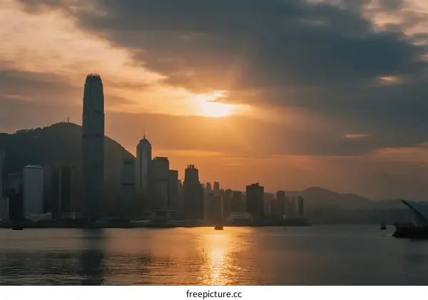 Sunset over the modern city skyline with tall buildings