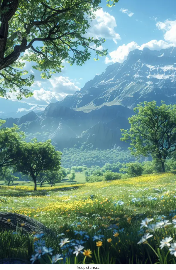 Tranquil Mountain Meadow with Flowers and Trees