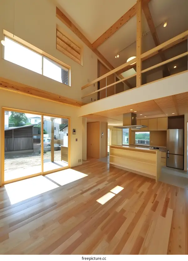 Modern Open Plan Home With Wooden Beams and Large Windows