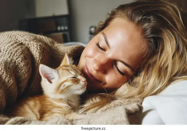 Woman and Kitten Relaxing Together on Bed