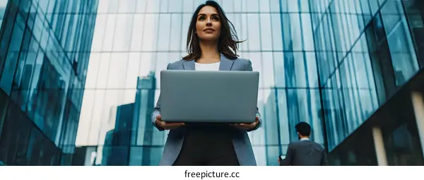 Young Woman Holding Laptop In Front Of Building