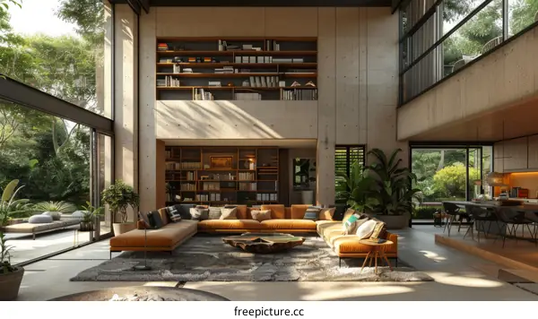 Huge modern house interior living room with bookshelves and big windows