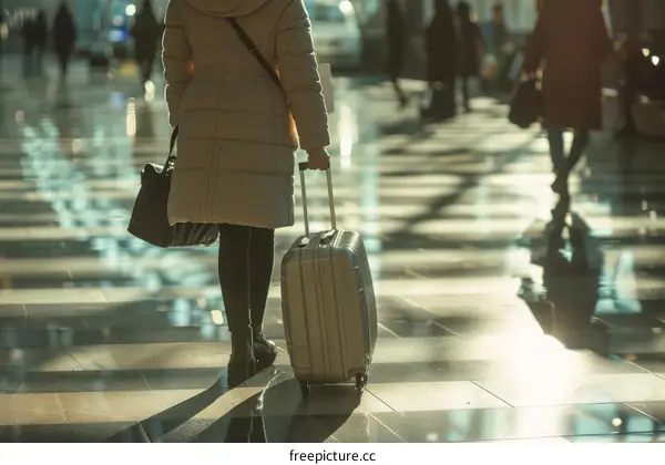 Woman in a beige coat pulling a silver suitcase in an airport
