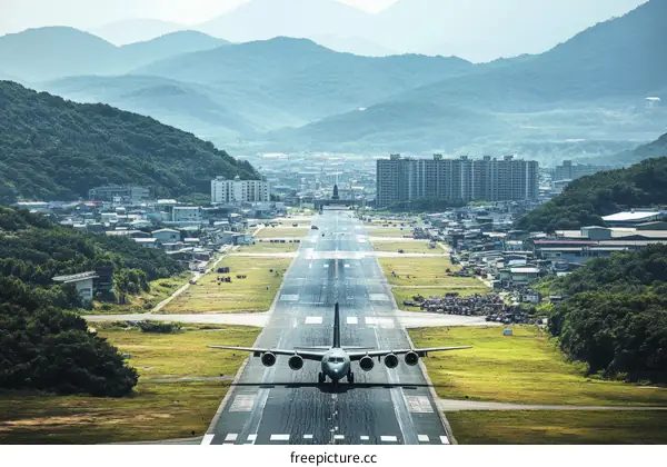 Aerial View of Airplane Landing on Runway in Cityscape