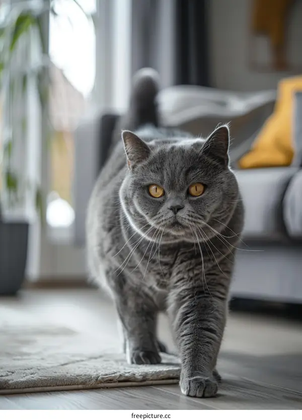 A gray British shorthair cat is walking on the floor towards the camera