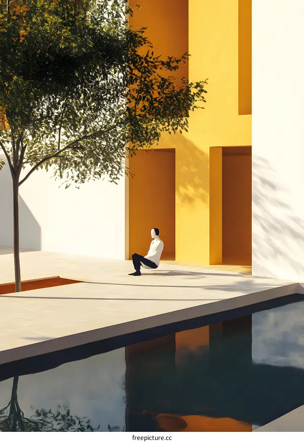 Minimalist Architecture with Person Sitting by Pool