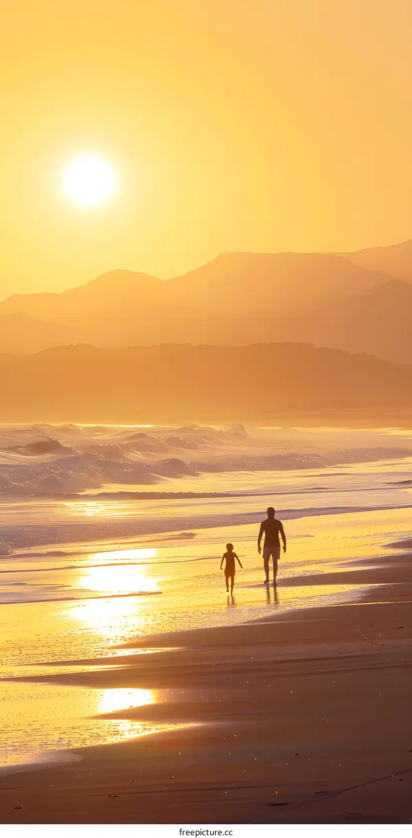 Silhouettes of Father and Son Walking on Beach at Sunset