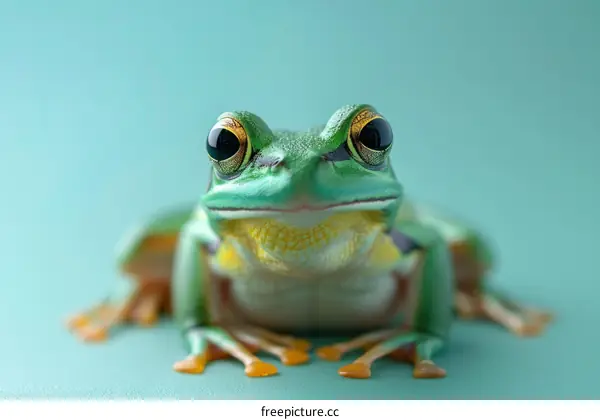 A green frog sits on a green background