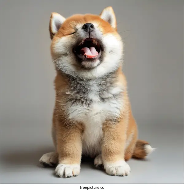 A cute Shiba Inu puppy is sitting with its mouth open and its tongue hanging out