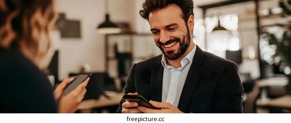 Smiling Businessman Looking at Phone While Talking to Colleague