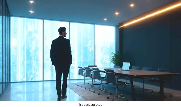 Modern Business Conference Room with Digital Cityscape View