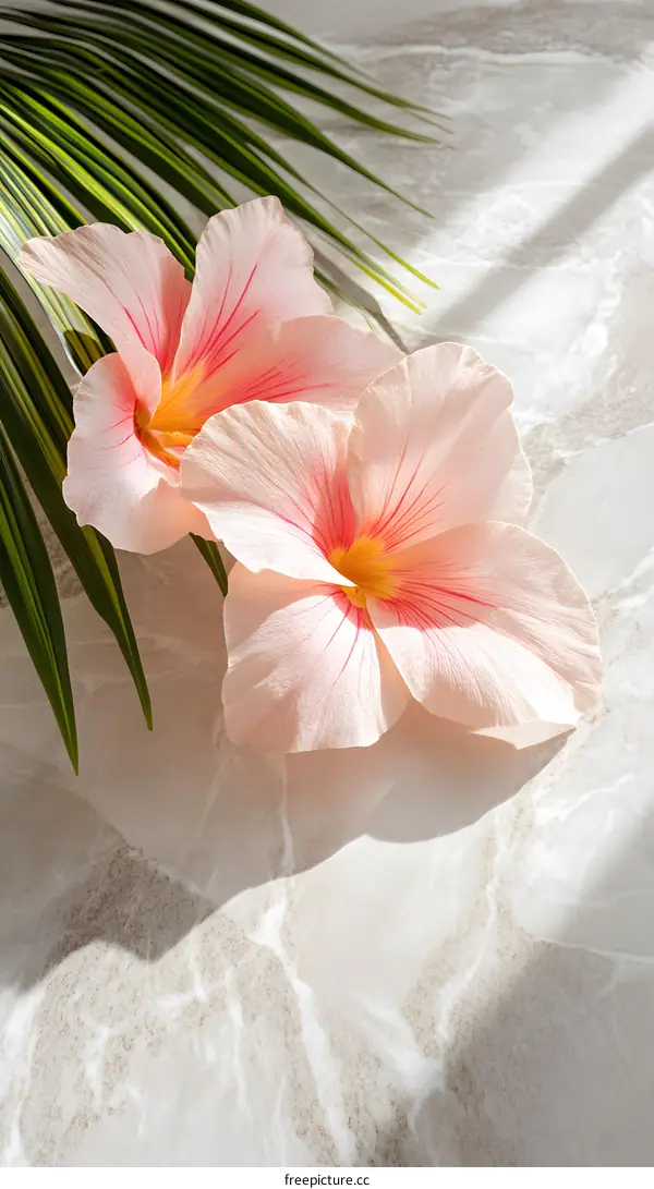 Pink Flower with Palm Leaf on White Marble Background