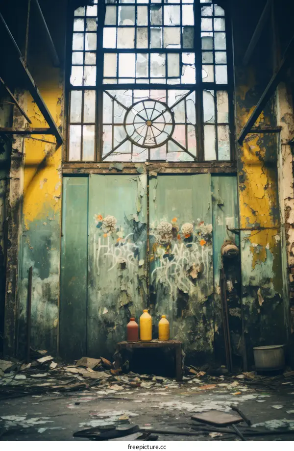 Large Windows and Graffiti in Abandoned Factory Building Interior