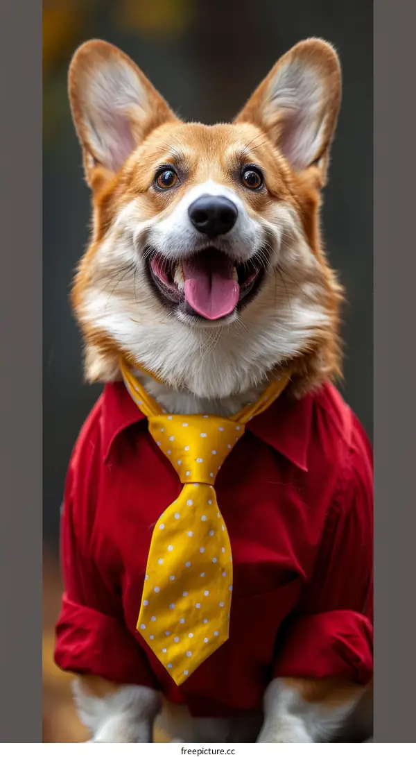 A cute corgi wearing a shirt and tie