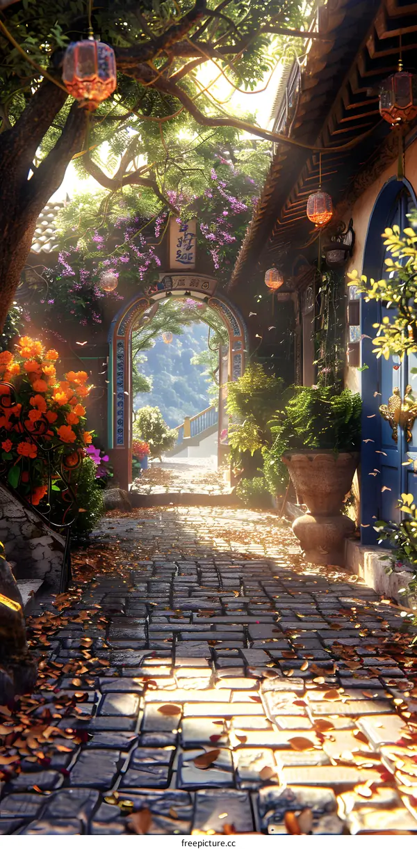 fantasy illustration of a street with a stone archway leading to a mountain landscape