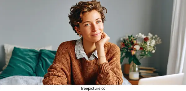 Smiling Woman in a Cozy Sweater
