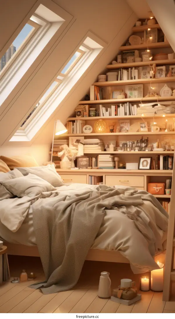 Cozy Attic Bedroom with Skylights and Bookshelves