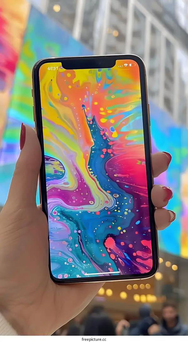 Hand Holding a Phone with Abstract Art Background
