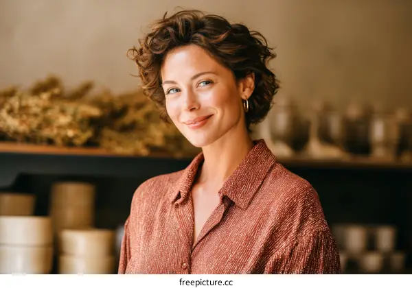 Portrait of a woman in a terracotta shirt