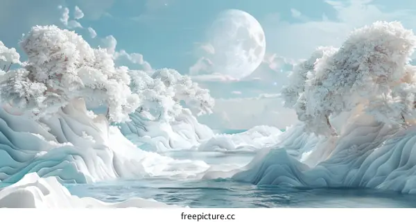 Frozen Landscape with Trees and Water