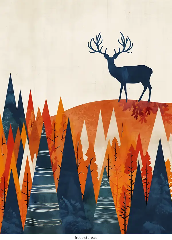 Geometric Deer Silhouette with Autumn Forest Mountain Background