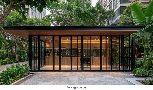 Modern Glass Enclosed Pavilion in Garden Setting