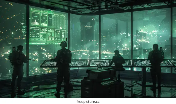 futuristic soldiers monitoring city from high tech control room