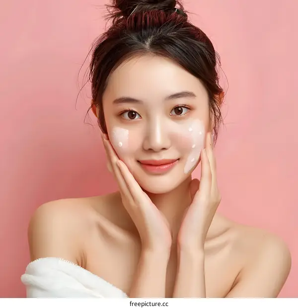 Beautiful Asian Woman Applying Facial Cream With Smiling Expression