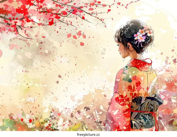 A woman in a kimono standing under a cherry blossom tree