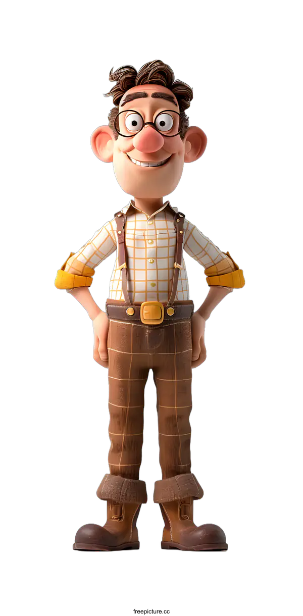 [Transparent Background PNG]Smiling Cartoon Character Wearing Glasses and Suspenders