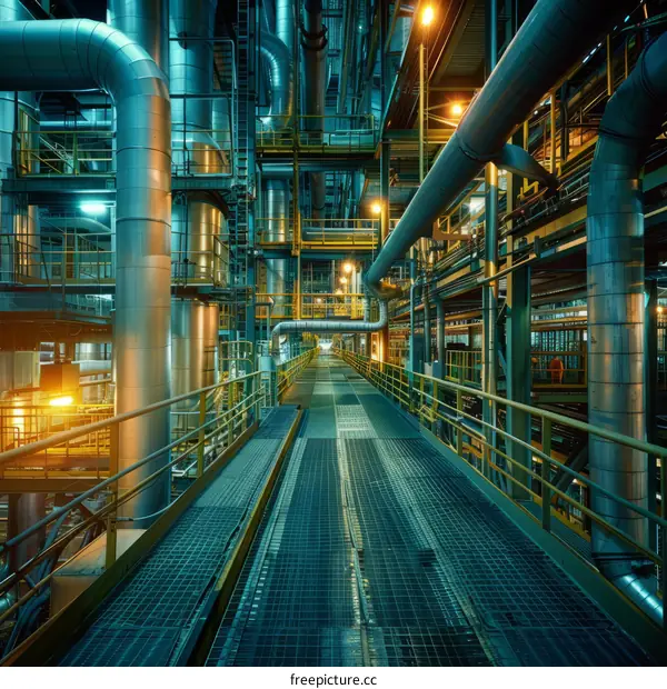 The long walkway in the middle of a factory with many pipes and catwalks