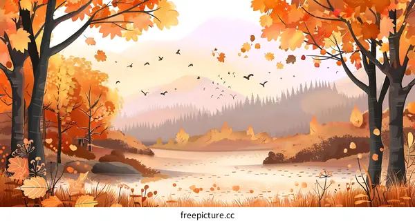 Autumn Forest Landscape with Birds Flying
