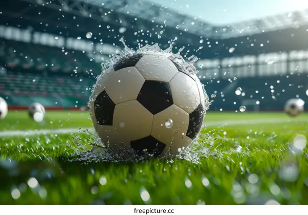 Black and White Soccer ball on Grass Field with Stadium Background in Rainy Day