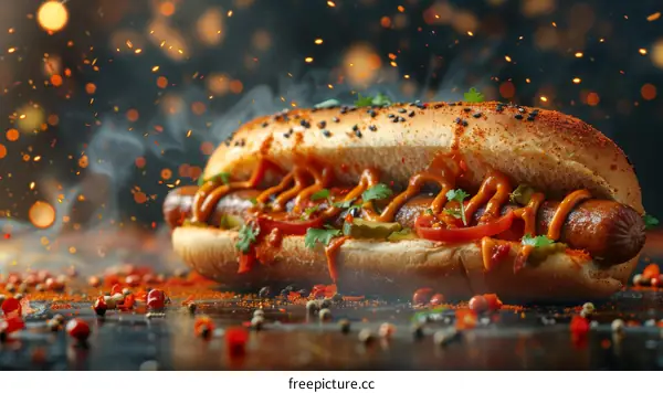 Hotdog with mustard, ketchup, relish, and spices