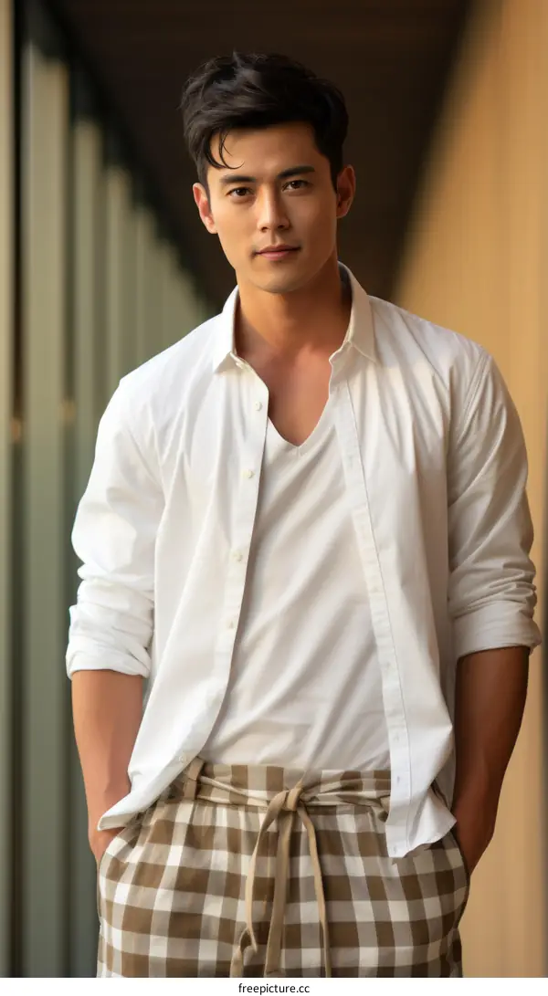A handsome Asian man is posing in a casual outfit.
