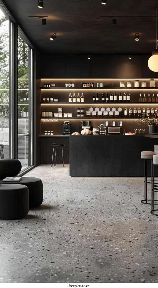 Black and wooden modern minimalist bar counter and shelves with various items on display