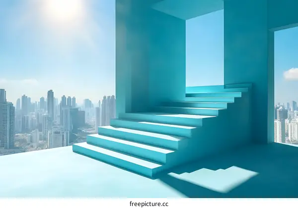 Blue Stairs Leading To A City Skyline View