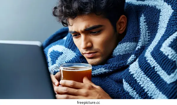 Sick Man Drinking Herbal Tea and Using Laptop