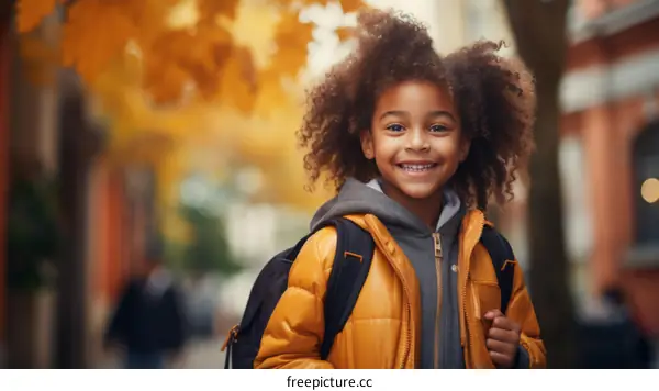 Portrait of a happy young school girl with curly hair smiling