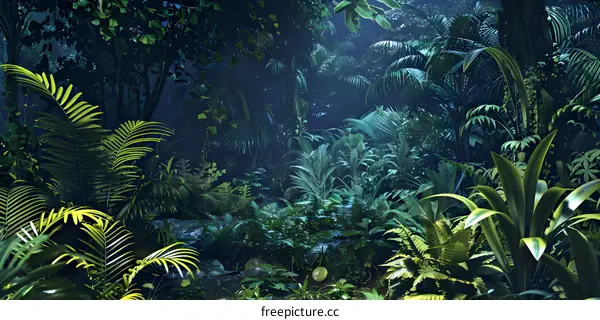 Tropical Rainforest at Night with Lush Greenery