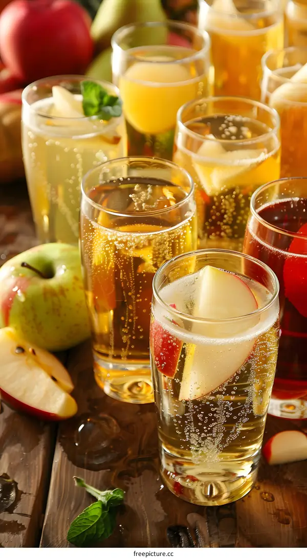 Sparkling Apple Cider in Glasses on Wooden Table