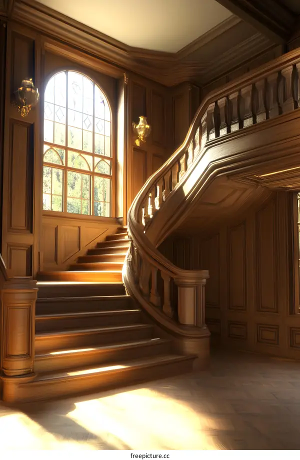 Wooden Staircase in a Grand Hallway with Stained Glass Window