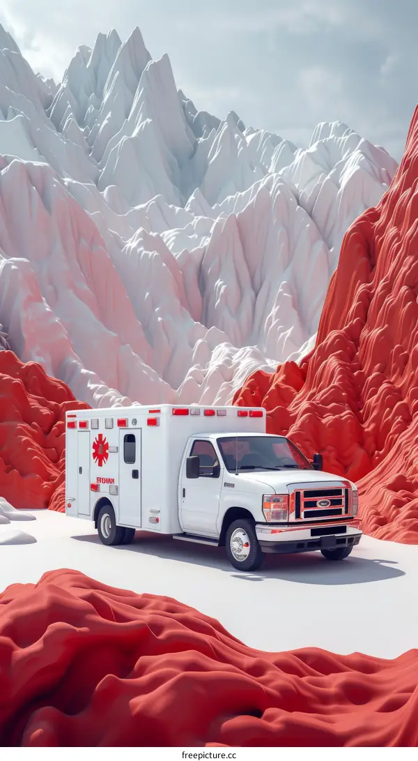 Ambulance in a snowy mountain landscape