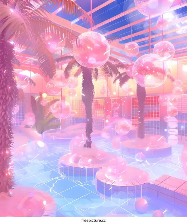 Pink Dreamy Pool With Palm Trees and Sphere Lights