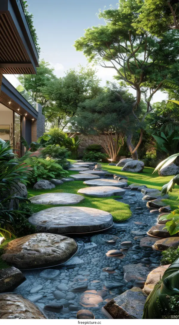 Stepping Stones Leading Through a Lush Garden with Trees and Plants