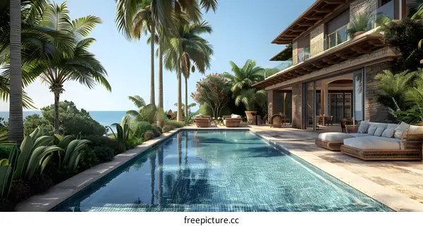 Modern house with swimming pool and palm trees